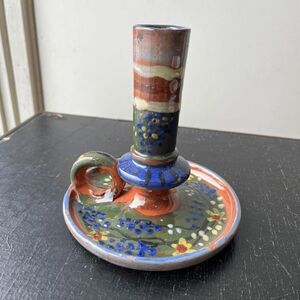 Hand-Painted Folk Art Pottery Candle Holder – Boho Cottagecore Studio Ceramic